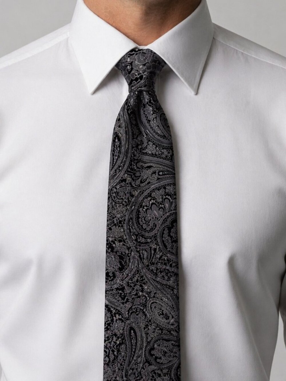 Joseph & Feiss Men’s Neck Tie Silver Black 100% Silk Paisley Formal Dress 3.5X57